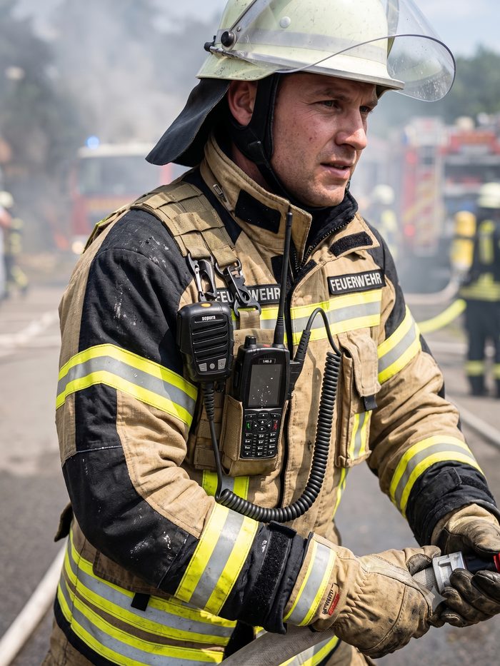 Feuerwehrmann mit Sepura-Funkgerät und FunkFix im Einsatz