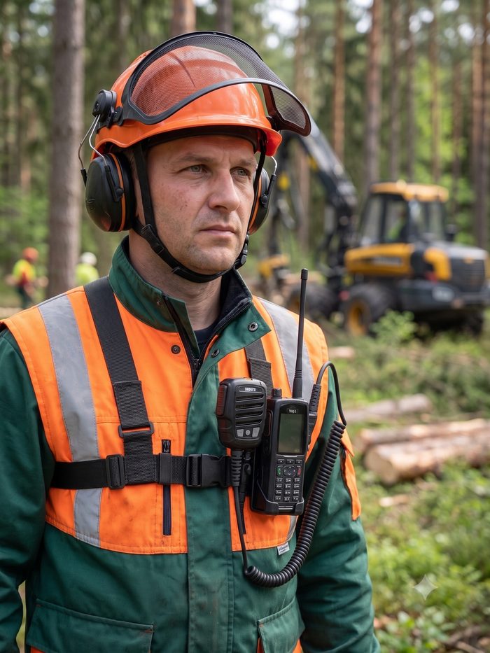 Forstwirtschaft-Mitarbeiter mit Sepura-Funkgerät und FunkFix im Wald