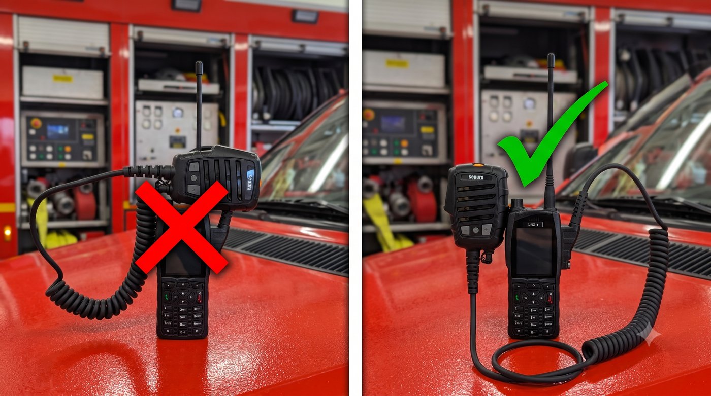 Vergleich: Sprechmuschel unsicher an der Antenne befestigt gegenüber sicher mit FunkFix am Funkgerät montiert